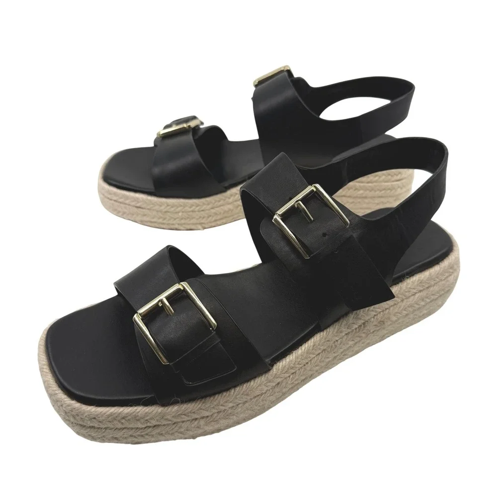 NEW Nordstrom‎ AVILA Espadrille Sandals Black Leather Platform WOMEN 10 BUCKLE